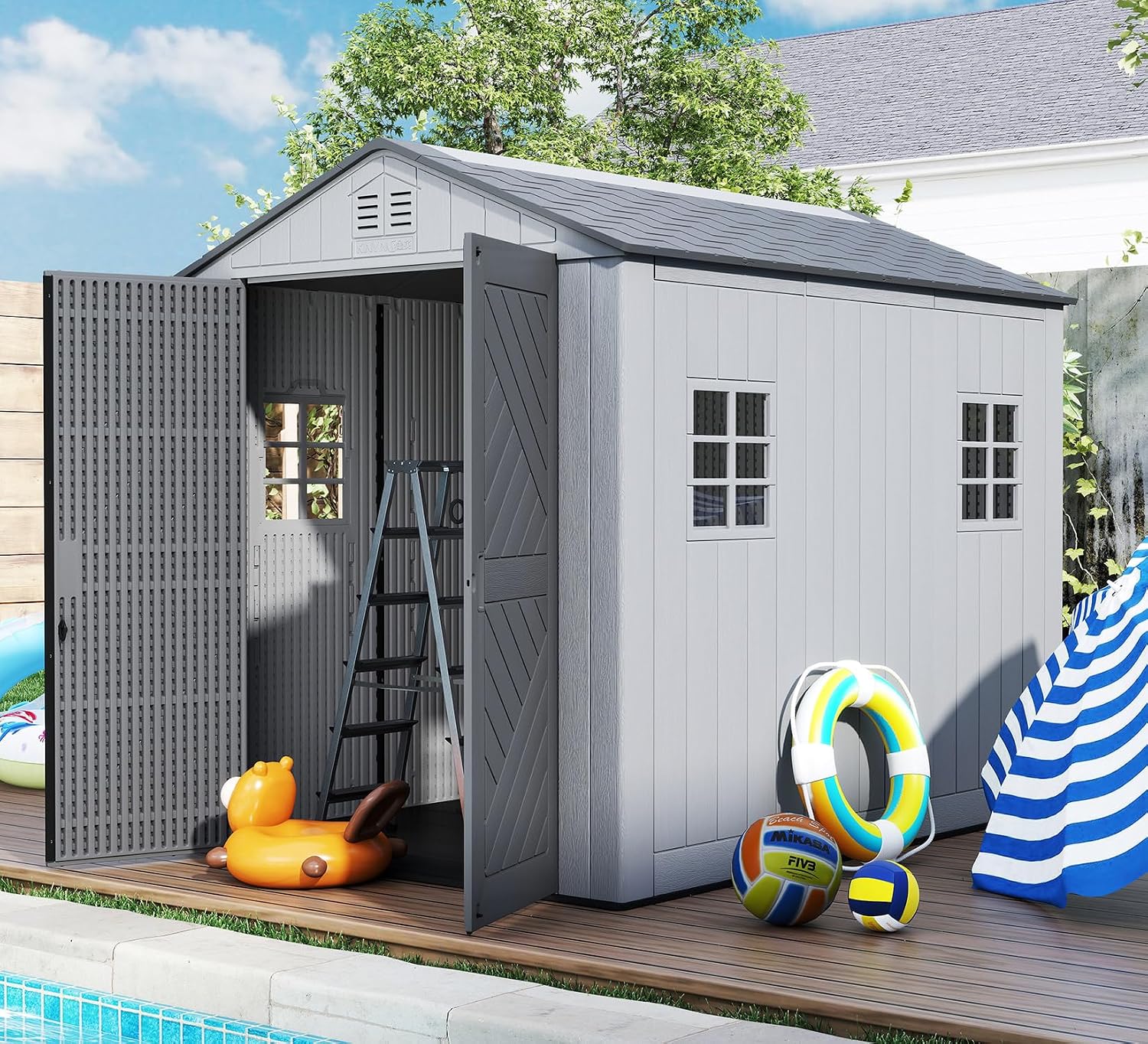 ZZM Outdoor Storage Shed 6x9 Ft, All-Weather Resistant Resin Garden Sheds & Outdoor Storage Clearance with Floor and Windows, Double-Layer Plastic Tool Shed for Backyard, Patio & Lawn (Gray)