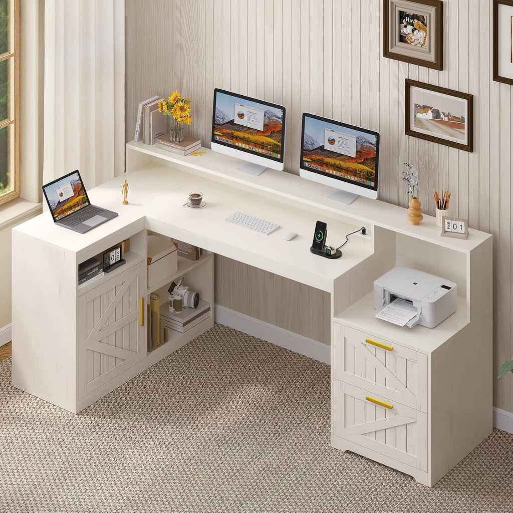 TVU Farmhouse L Shaped Desk with Drawers, 62.2' Home Office Desk with Storage Shelves and Power Outlet, L Shaped Computer Desk with Monitor Stand and Printer Shelf, White