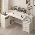 TVU Farmhouse L Shaped Desk with Drawers, 62.2' Home Office Desk with Storage Shelves and Power Outlet, L Shaped Computer Desk with Monitor Stand and Printer Shelf, White