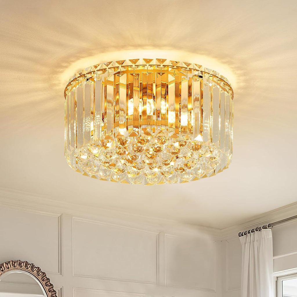 12.6' Gold K9 Crystal Raindrop Flush Mount Ceiling Light, Modern Chandelier, Round Luxury Light Fixture for Dining Room, Bedroom, Hallway, Kitchen Island & Living Room