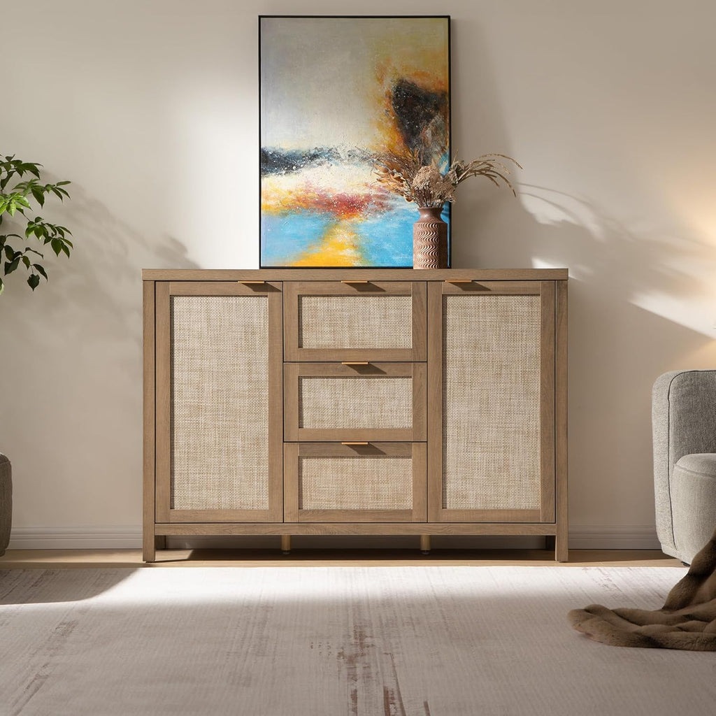 SICOTAS Rattan Sideboard Buffet Cabinet with Storage - 52' Larger Farmhouse Credenza Storage Coffee Bar Cabinet with 3 Drawers & 2 Doors, Boho Console Table for Living Room, Kitchen, Caramel Oak