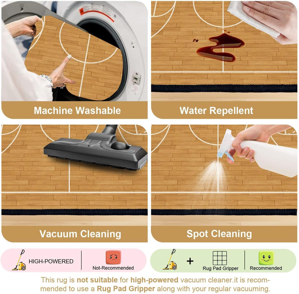 9x12 Area Rugs for Bedroom Boho Washable Rug for Living Room Basketball Court Wooden Flooring White Lines Carpet for Dining Room Soft Rubber Backed Non-Slip Carpets for Bedroom Office