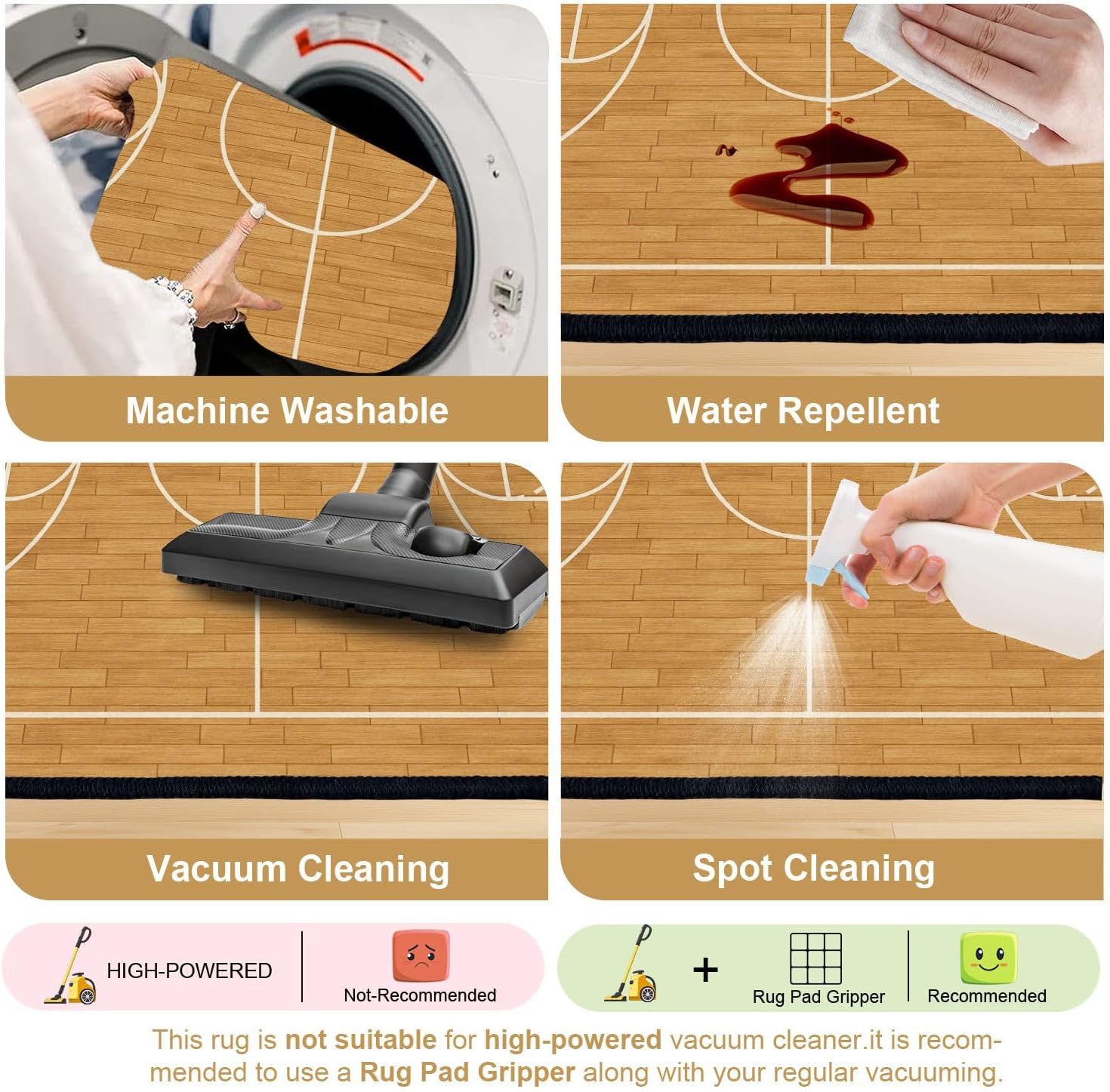 9x12 Area Rugs for Bedroom Boho Washable Rug for Living Room Basketball Court Wooden Flooring White Lines Carpet for Dining Room Soft Rubber Backed Non-Slip Carpets for Bedroom Office