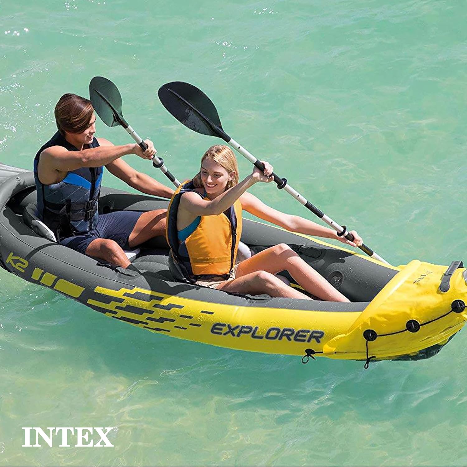 INTEX 68307EP Explorer K2 Inflatable Kayak Set: Deluxe 86in Kayak Paddles and High-Output Pump – Adjustable Seats with Backrest – Removable Skeg – 2-Person – 400lb Weight Capacity, 2 Pack