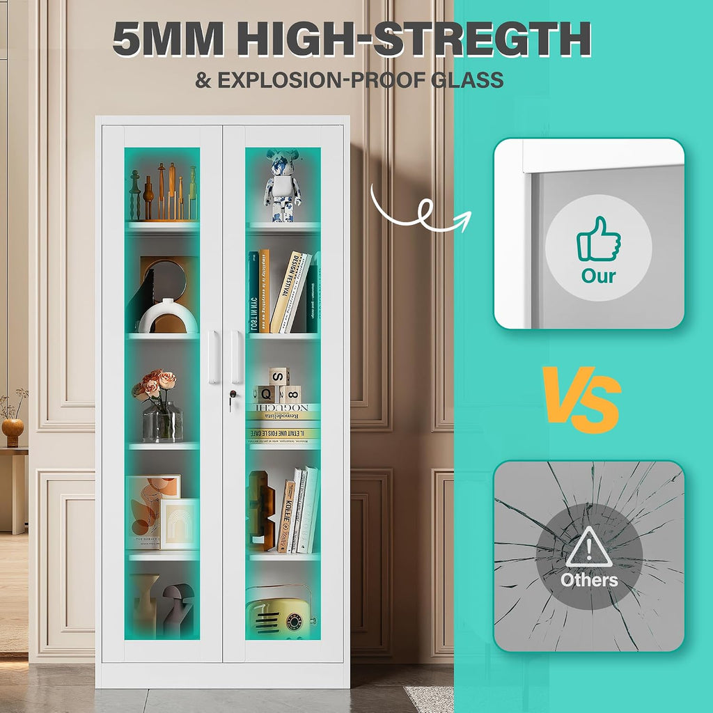 Metal Storage Cabinet with Lock and Glass Doors,71' Tall Glass Display Cabinet,White Storage Cabinets,Locking Curio Cabinets with 5 Shelves for Collectibles,Home,Office,Living Room
