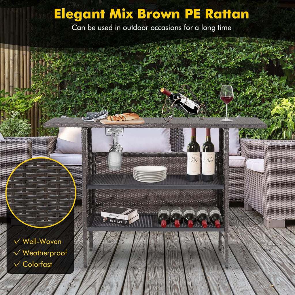 Giantex Outdoor Patio Wicker Bar Table, 2 Storage Shelves, 55''W Tabletop, Rails for Hanging Wine Glasses, Heavy-Duty Metal Frame, Bistro Rattan Bar Counter Table for Poolside Backyard (Mix Brown)