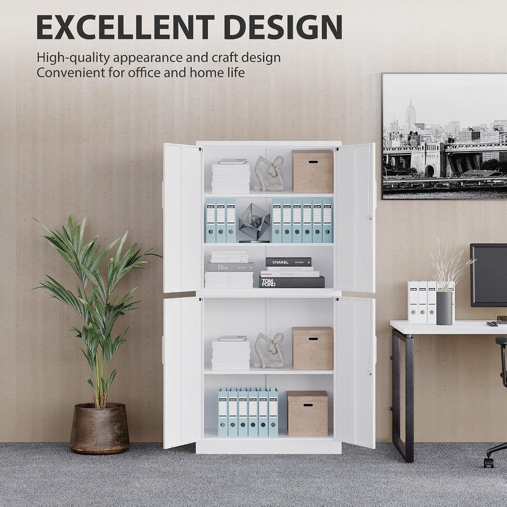 Metal Storage Cabinet with 3 Adjustable Shelves,White Storage Cabinet with Lock,71' Lockable Metal Cabinets with Locking Doors,Tall Steel Pantry Cabinets 4 Door for Home,Office,Garage,Bathroom,Kitchen
