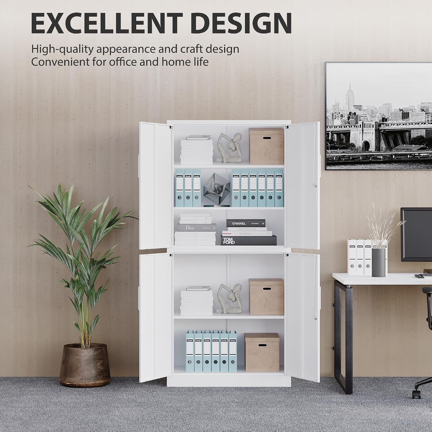Metal Storage Cabinet with 3 Adjustable Shelves,White Storage Cabinet with Lock,71' Lockable Metal Cabinets with Locking Doors,Tall Steel Pantry Cabinets 4 Door for Home,Office,Garage,Bathroom,Kitchen