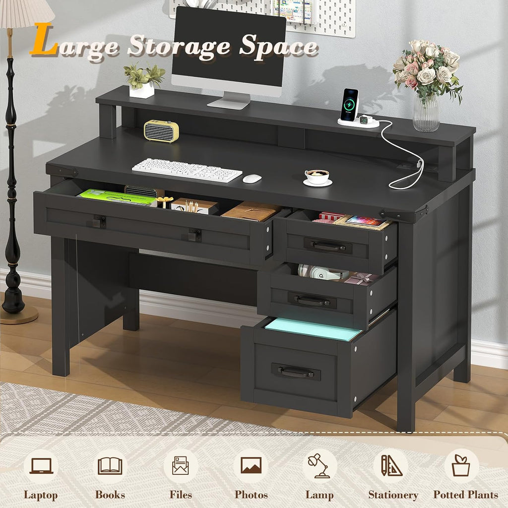 YOMILUVE Farmhouse Computer Desk with Drawers, 47' Small Computer Desk with Power Outlets, Home Office Desk with Monitor Stand & 4 Drawers, Writing Study Table, Black
