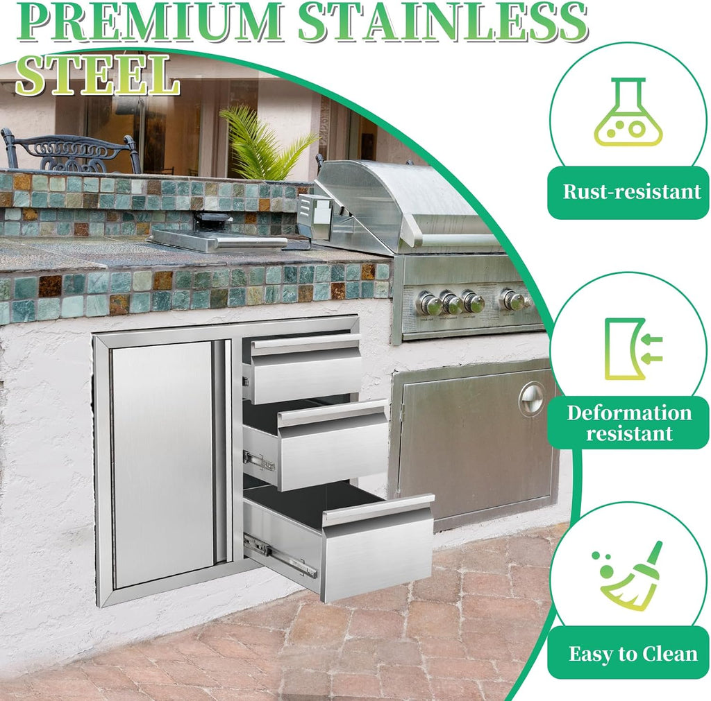 Outdoor Kitchen Drawer Combo Cabinet Stainless Steel Triple Drawers & Access Doors, 28' W x 22' H x 19.5' D, Built-in BBQ Island Cabinet for Outdoor Grill Station (Drawer and Left Door Combo)
