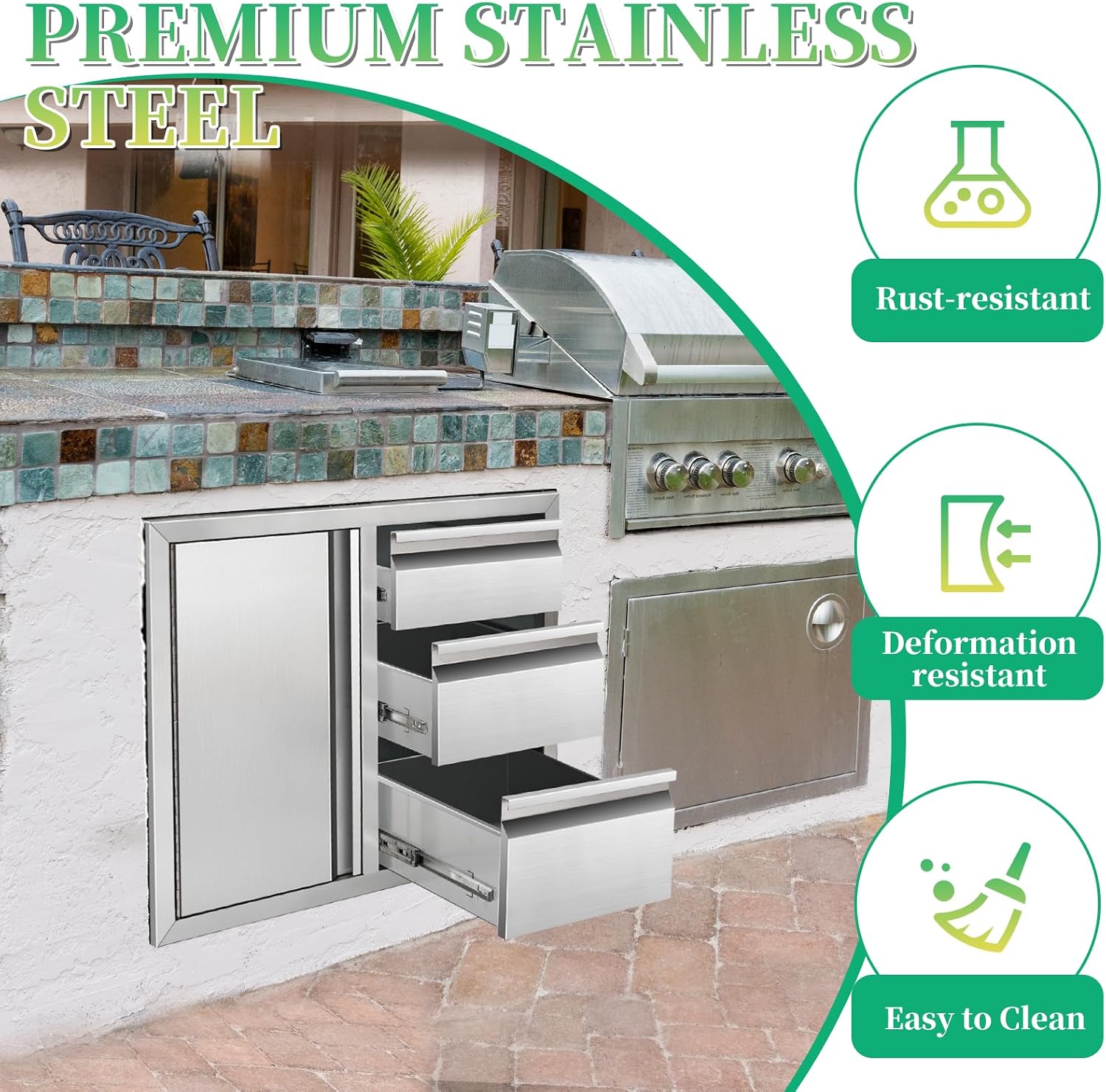 Outdoor Kitchen Drawer Combo Cabinet Stainless Steel Triple Drawers & Access Doors, 28' W x 22' H x 19.5' D, Built-in BBQ Island Cabinet for Outdoor Grill Station (Drawer and Left Door Combo)