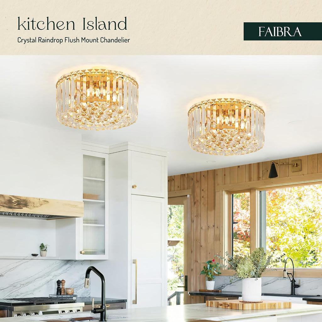 12.6' Gold K9 Crystal Raindrop Flush Mount Ceiling Light, Modern Chandelier, Round Luxury Light Fixture for Dining Room, Bedroom, Hallway, Kitchen Island & Living Room