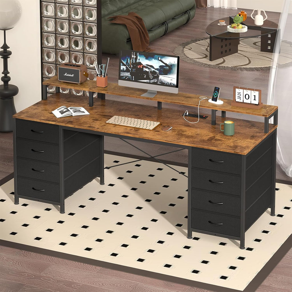 YOMILUVE 60 Inch Computer Desk with 8 Fabric Drawers, Gaming Desk with LED Lights & Power Outlets, Home Office Desk with Monitor Stand, Rustic Brown