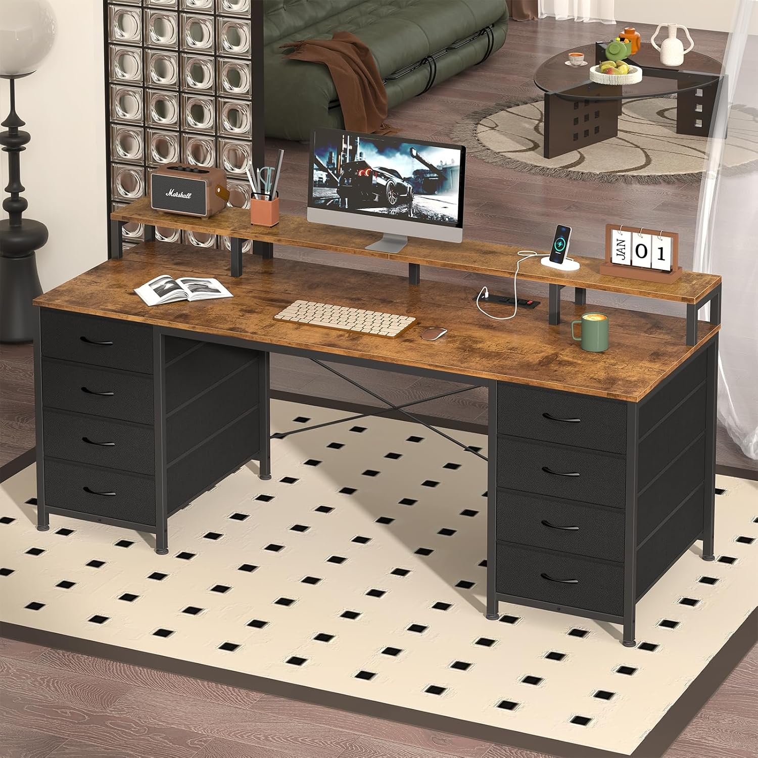 YOMILUVE 60 Inch Computer Desk with 8 Fabric Drawers, Gaming Desk with LED Lights & Power Outlets, Home Office Desk with Monitor Stand, Rustic Brown