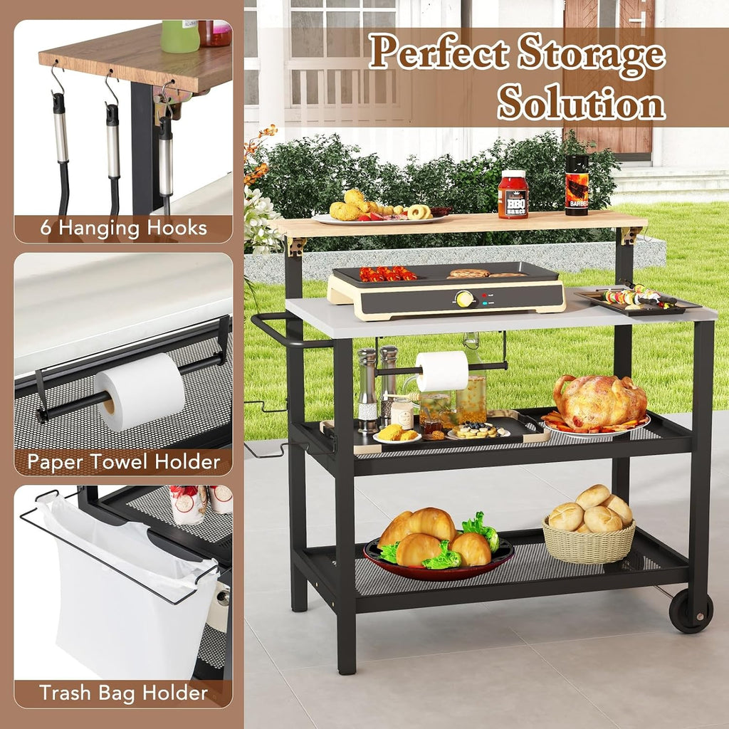 Giantex 2-Piece Outdoor Kitchen Grill Cart Set, Stationary Prep Table & Mobile Grill Cart with Wheels, Connectable L-Shaped Configuration, Flip-Up Bar Top, Foldable Side Table, BBQ Cooking Station