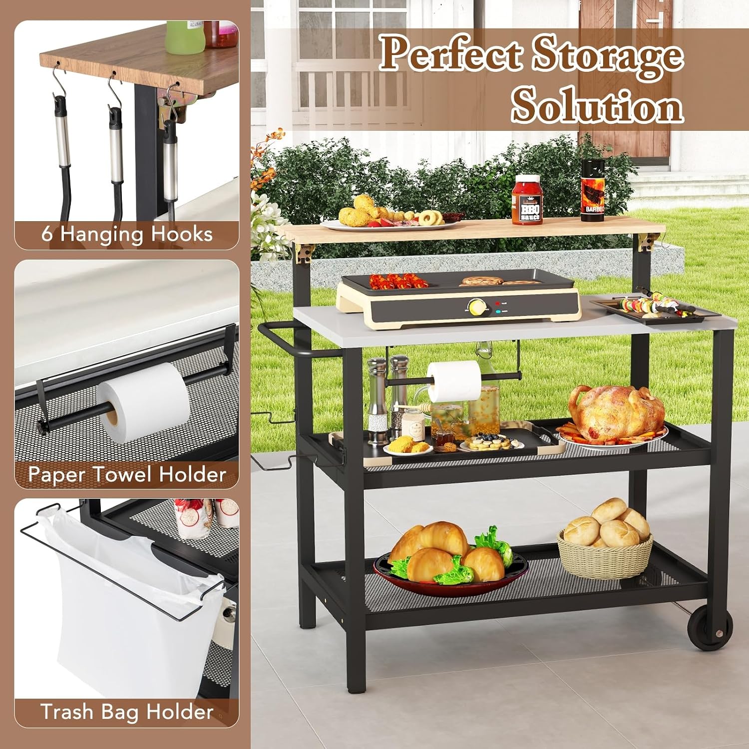 Giantex 2-Piece Outdoor Kitchen Grill Cart Set, Stationary Prep Table & Mobile Grill Cart with Wheels, Connectable L-Shaped Configuration, Flip-Up Bar Top, Foldable Side Table, BBQ Cooking Station