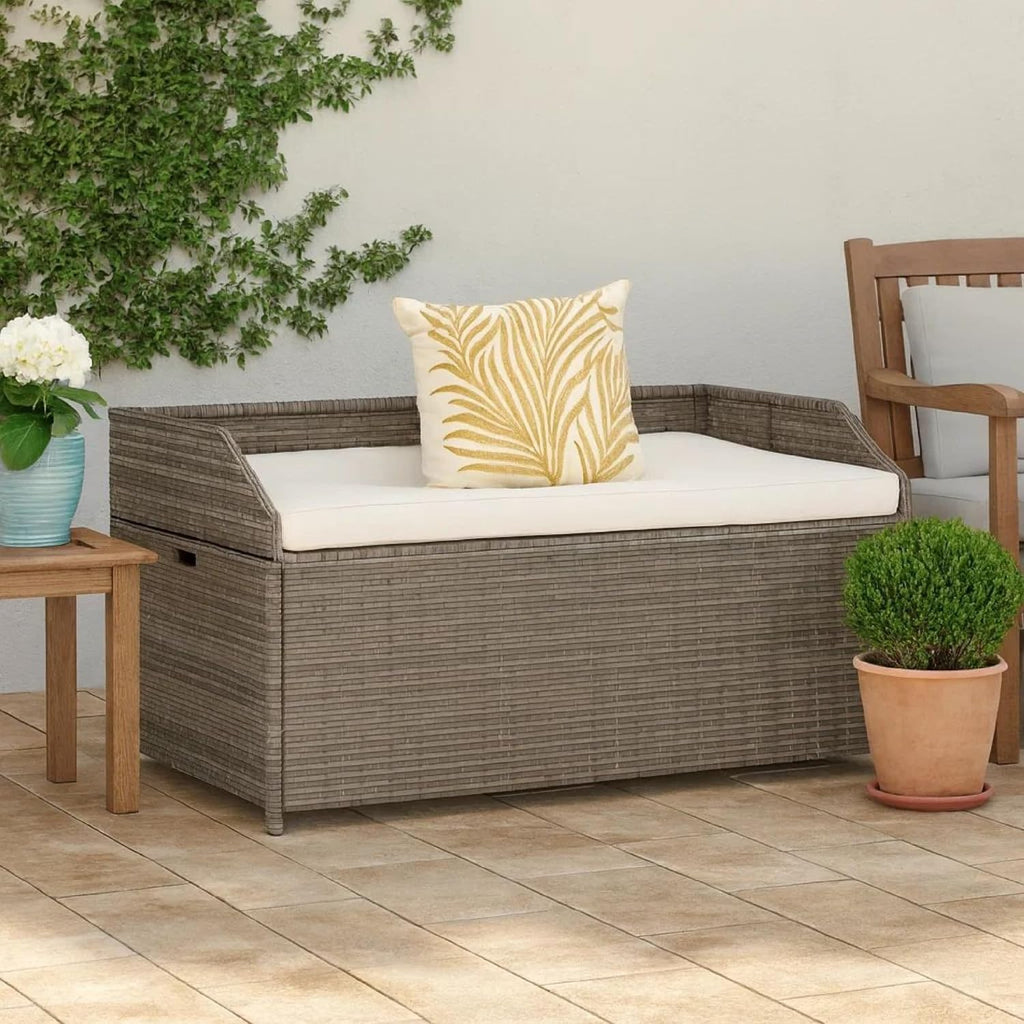 Foto Outdoor Bench, 39 Inch, Gray Wicker Rattan, Under Seat Storage