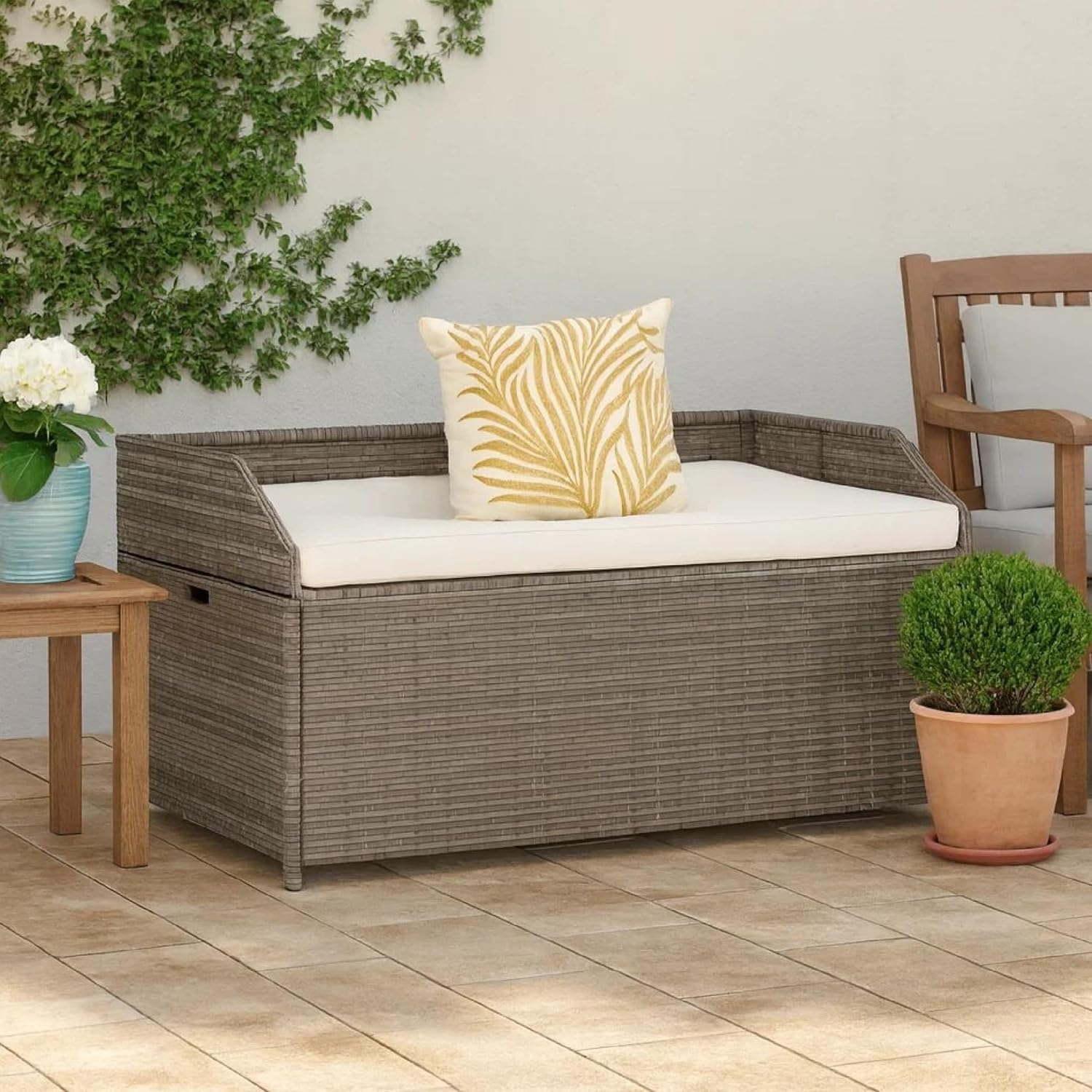 Foto Outdoor Bench, 39 Inch, Gray Wicker Rattan, Under Seat Storage
