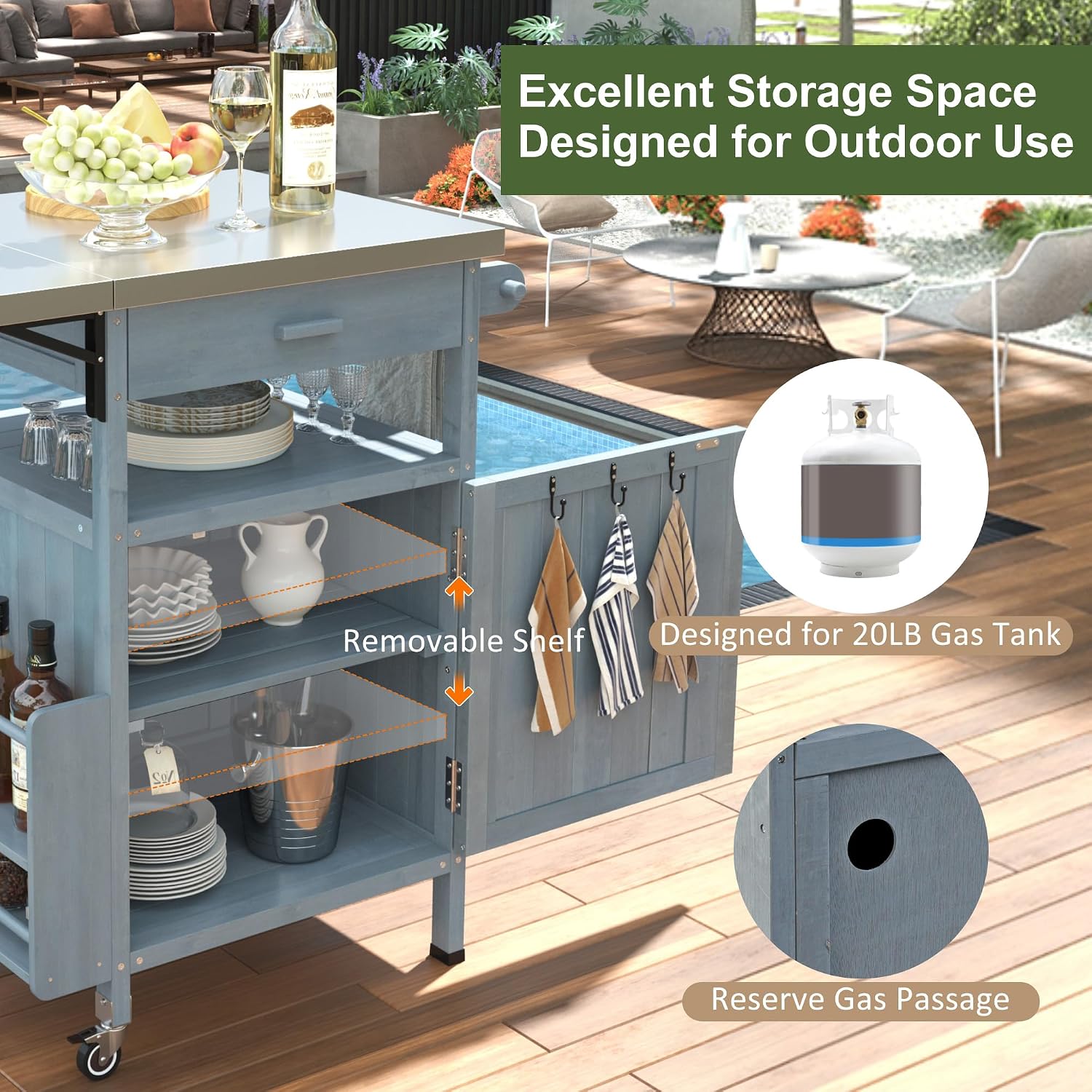 40.5' Outdoor Grill Cart with Stainless Steel Top, Solid Wood Outdoor Storage Cabinet with Drop Leaf, One Drawer, Towel Rack, Rolling Kitchen Cart with Lockable Wheels for Lawn Garden, Blue