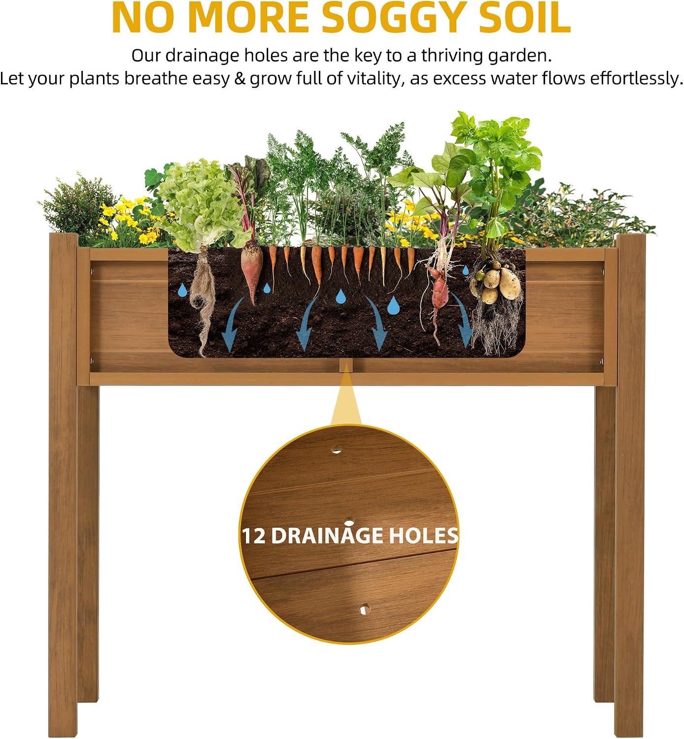 DWVO Raised Garden Bed HDPE with Legs Poly-Wood Weatherproof Elevated Planter Box Outdoor with Drainage System Patio Planters for Herbs Vegetables Flowers Plant Bed for Garden Balcony Backyard, Teak