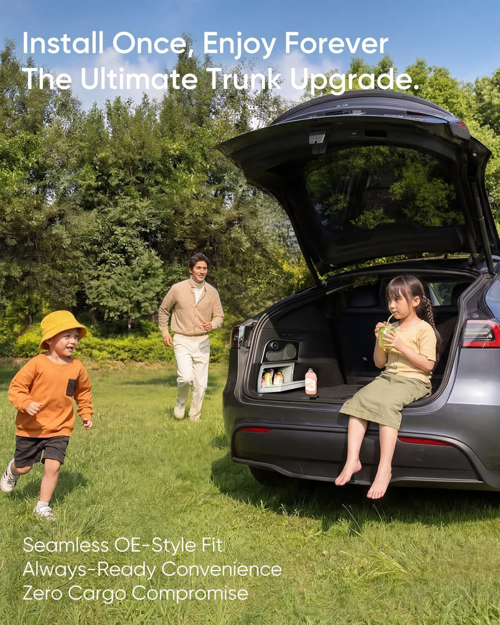 Tesla Model Y Car Refrigerator 2020-2024 (5-Seater Only) | 16.9Qt Fridge Hidden Trunk-Side Install,21.2°F Cooling with Knob & APP Control, 3-Mode Adjustable Chill,Ultra-Low Power for Camping & Travel