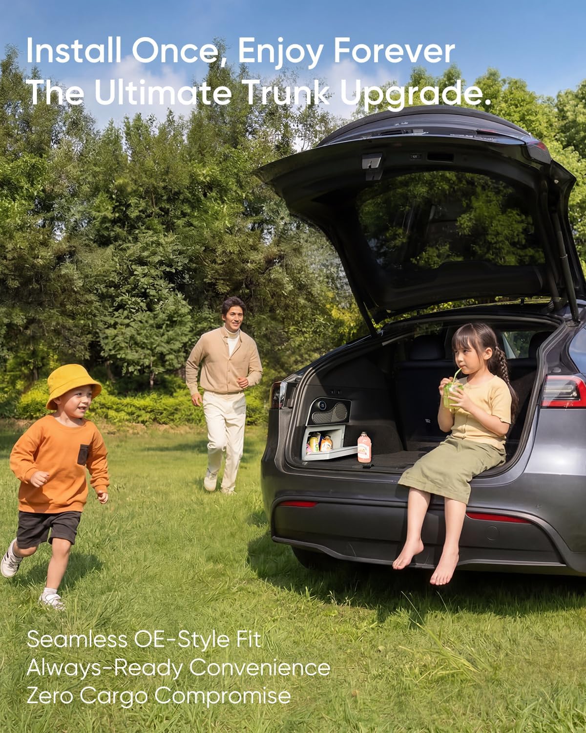 Tesla Model Y Car Refrigerator 2020-2024 (5-Seater Only) | 16.9Qt Fridge Hidden Trunk-Side Install,21.2°F Cooling with Knob & APP Control, 3-Mode Adjustable Chill,Ultra-Low Power for Camping & Travel