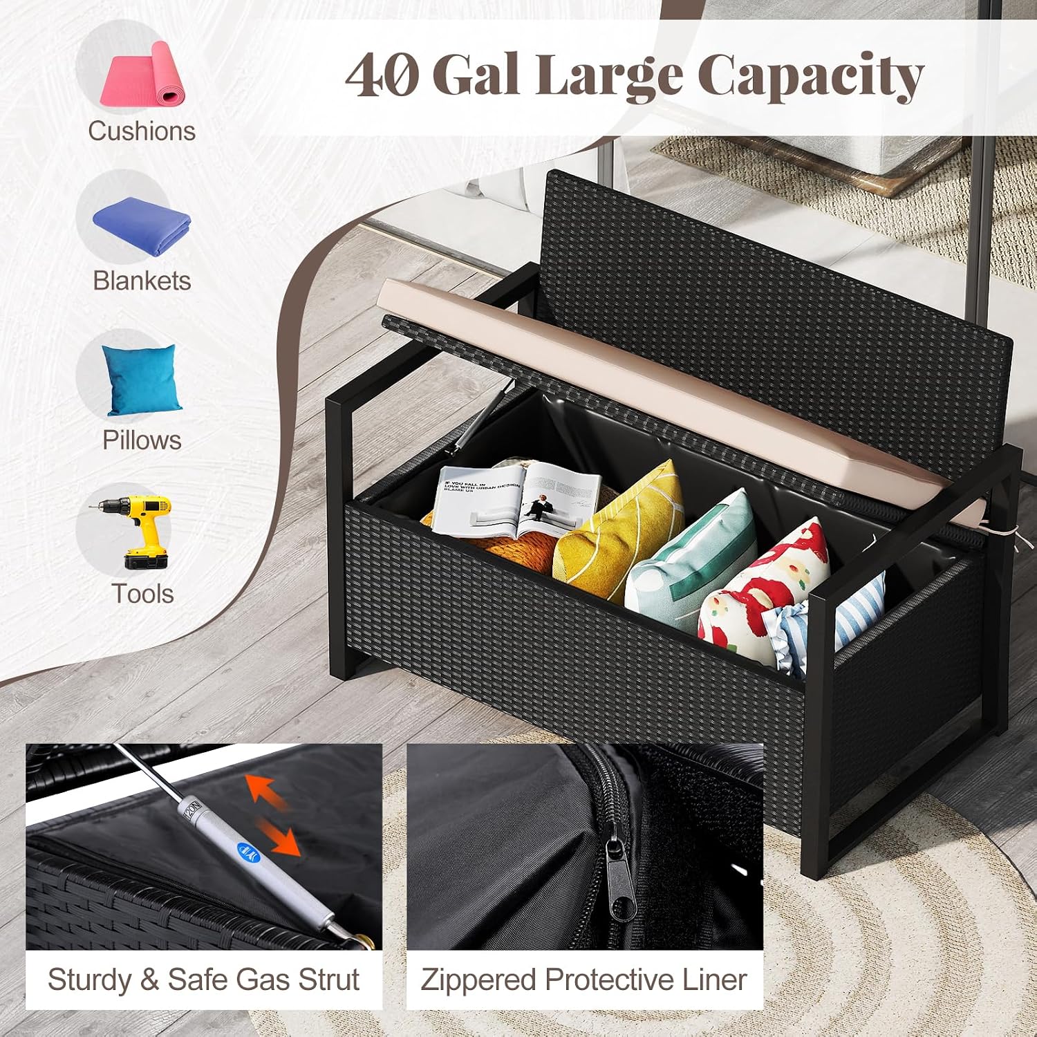 Tangkula 40 Gallon Outdoor Bench with Storage, Patio Wicker Storage Bench with Cushion, Cover, Metal Frame, Deck Box Seat for Backyard, Poolside, Balcony, Garden