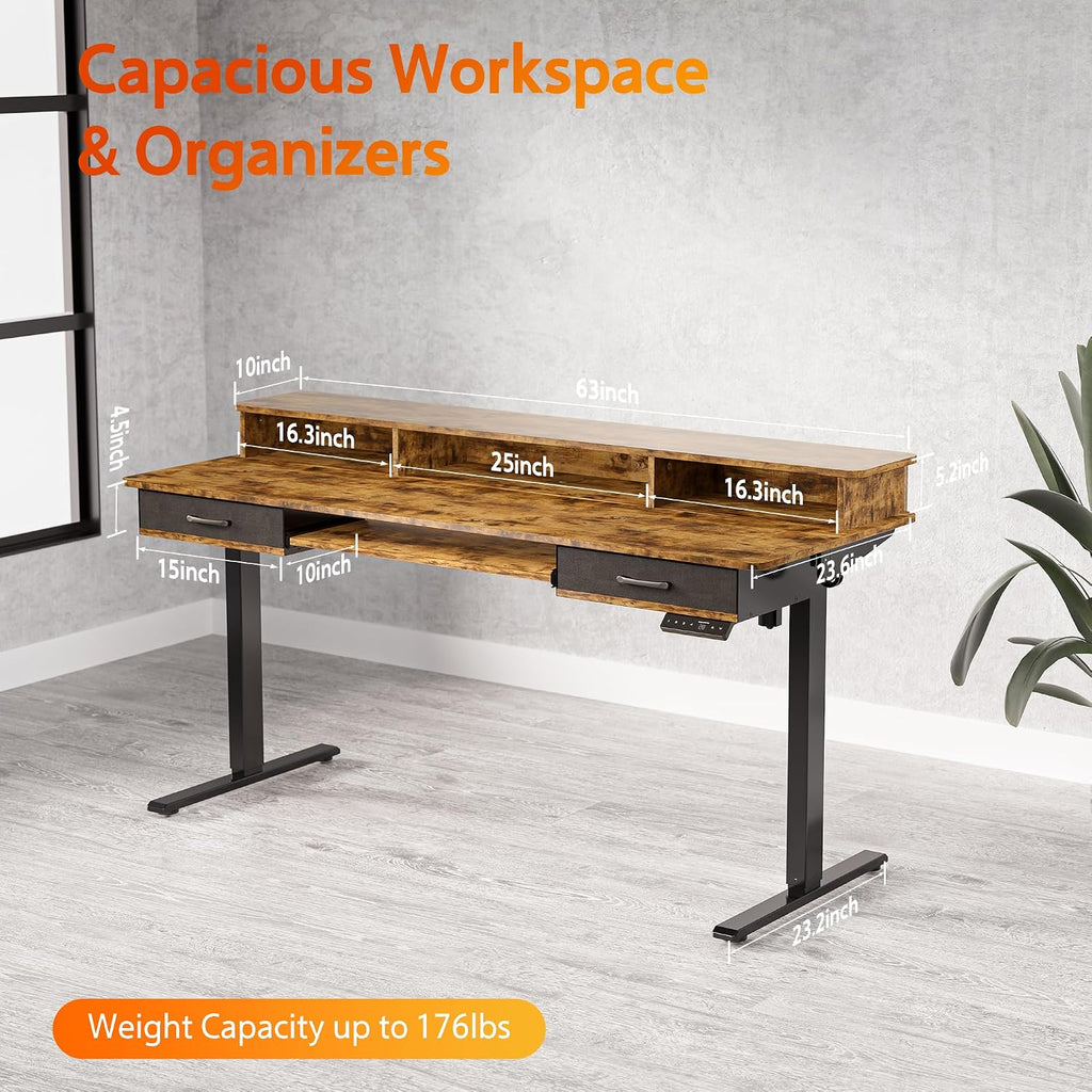 WALKINGDESK 63x24 Inches Electric Standing Desk with Keyboard Tray, Height Adjustable Stand up Desk with 2 Drawers, Ergonomic Sit to Stand Desk with Storage Monitor Stand, Computer Table, Rustic Brown