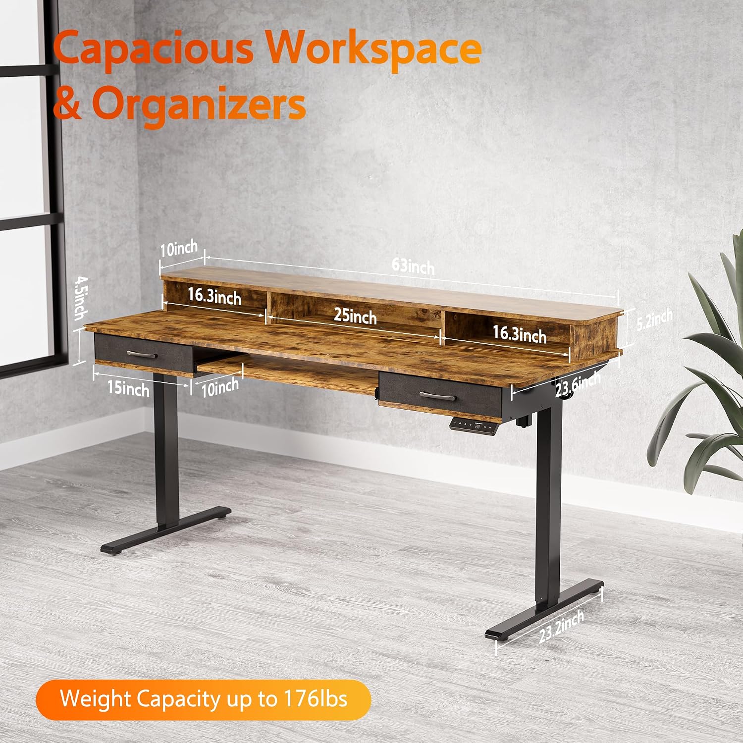 WALKINGDESK 63x24 Inches Electric Standing Desk with Keyboard Tray, Height Adjustable Stand up Desk with 2 Drawers, Ergonomic Sit to Stand Desk with Storage Monitor Stand, Computer Table, Rustic Brown