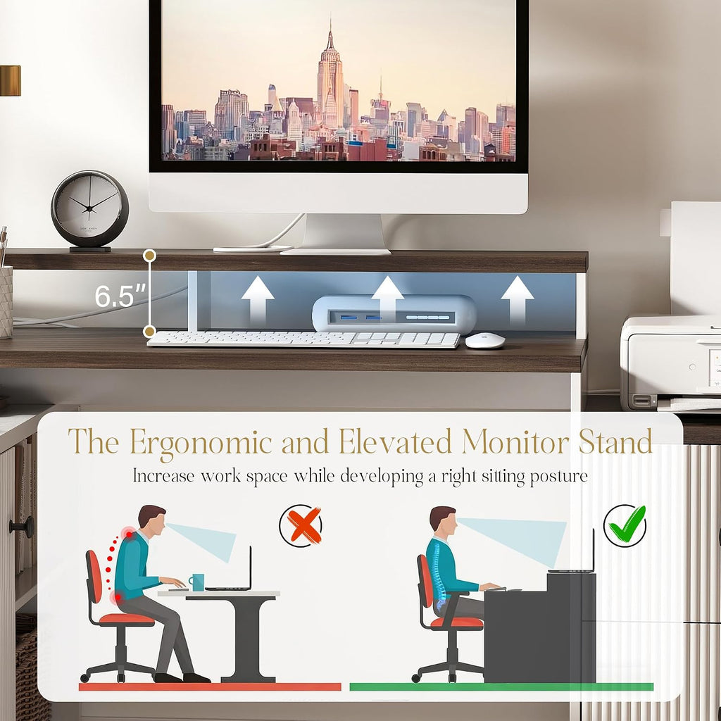 67' L Shaped Executive Desk with Drawers & Storage Shelf, Corner Computer Desk with Power Outlets, Home Office Desk with Monitor Stand, Printer Shelf, Computer Writing Desk for Work, Antique White