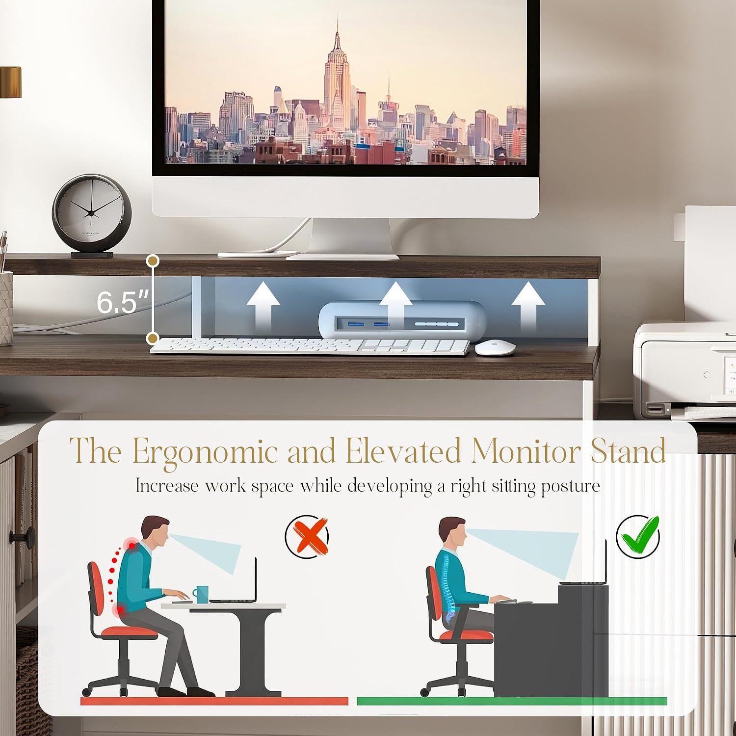 67' L Shaped Executive Desk with Drawers & Storage Shelf, Corner Computer Desk with Power Outlets, Home Office Desk with Monitor Stand, Printer Shelf, Computer Writing Desk for Work, Antique White