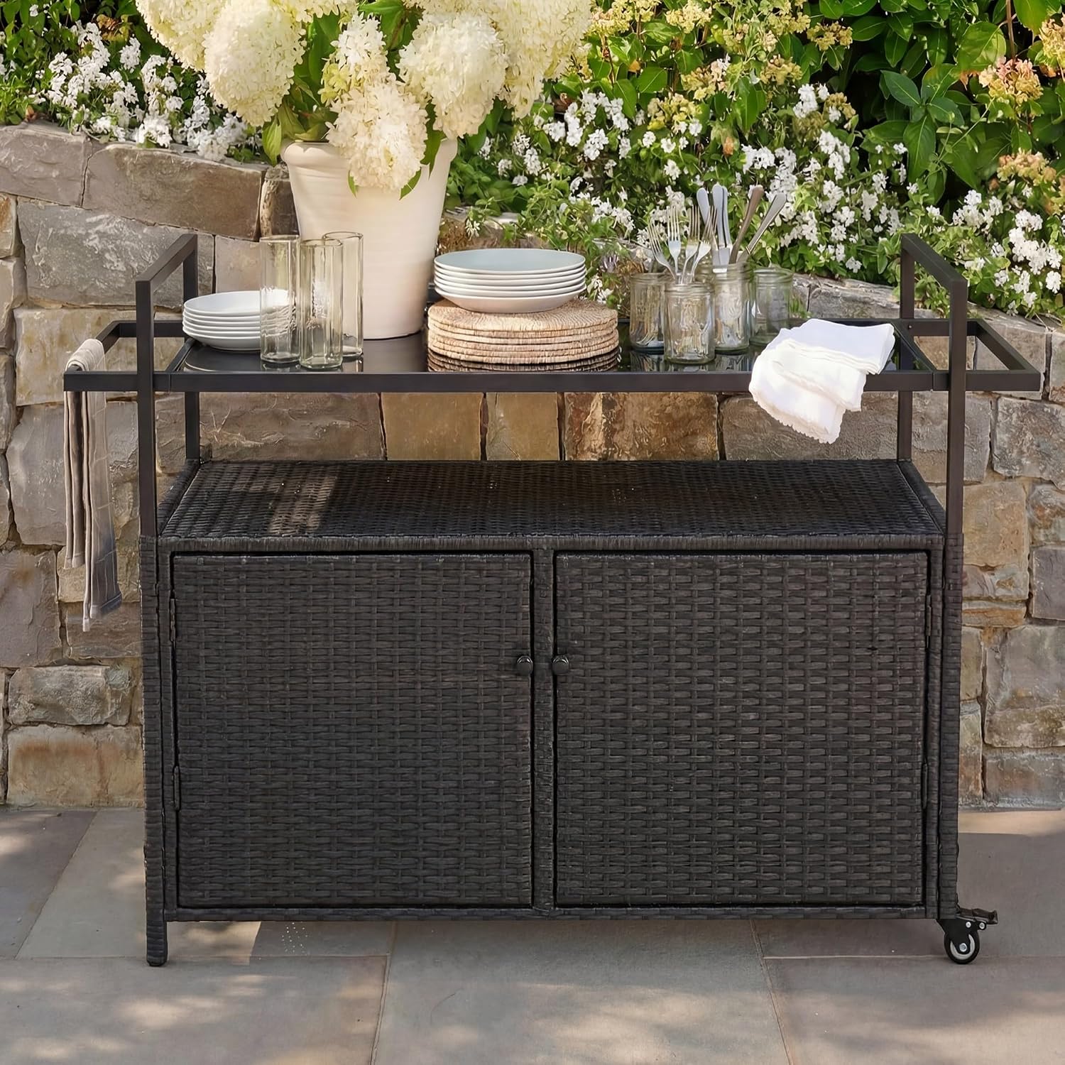 51.2' Wicker Outdoor Bar Cart - Black Patio Console Storage Table Buffet Cabinet Serving Kitchen Cart with Wheels for Outside Backyard
