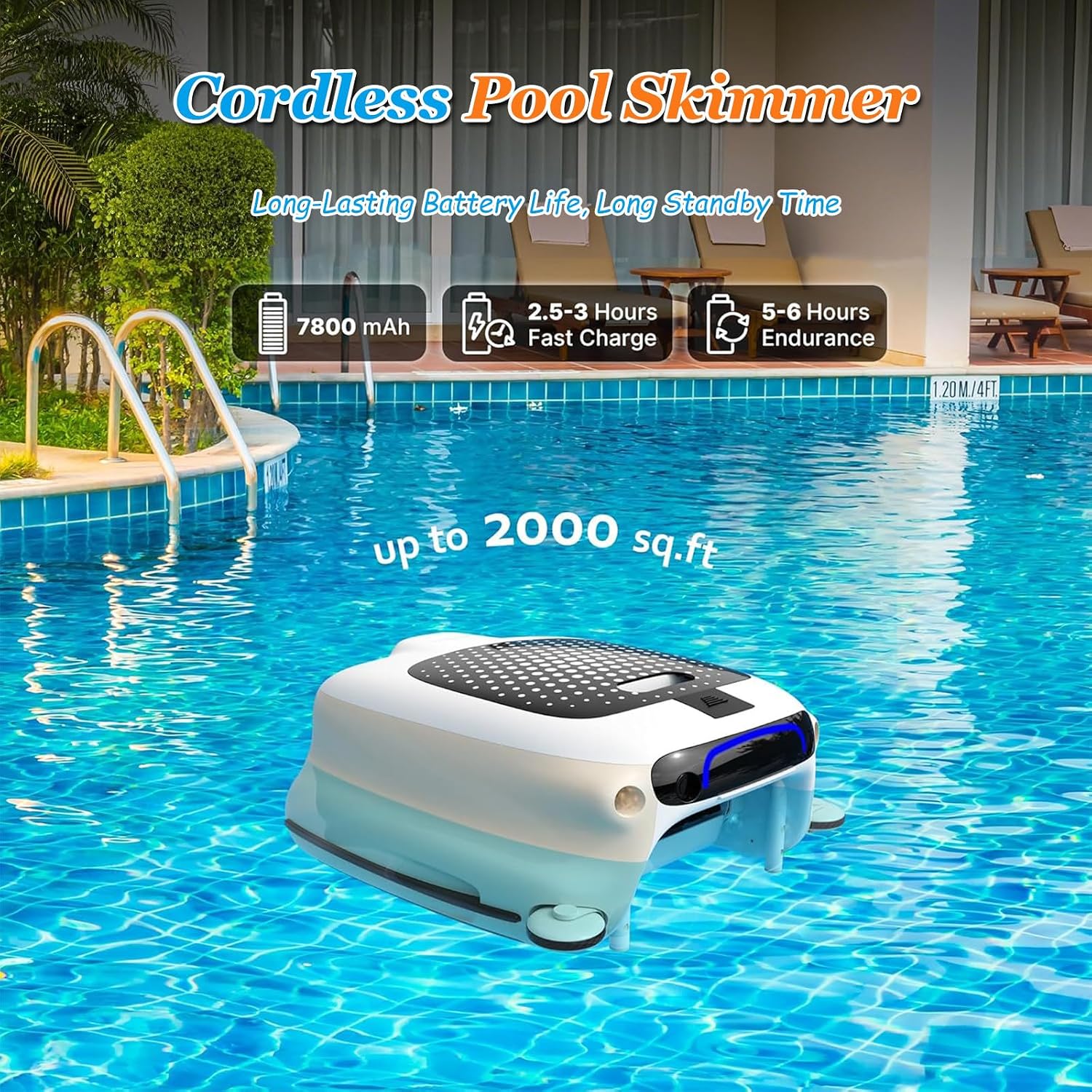 Pool Skimmer Robot, Pool Skimmer Robotic with 7800mAh Cleaning Power Supply, Twin Motors Automatic Pool Skimmer, Pool Vacuum with 3 Work Mode