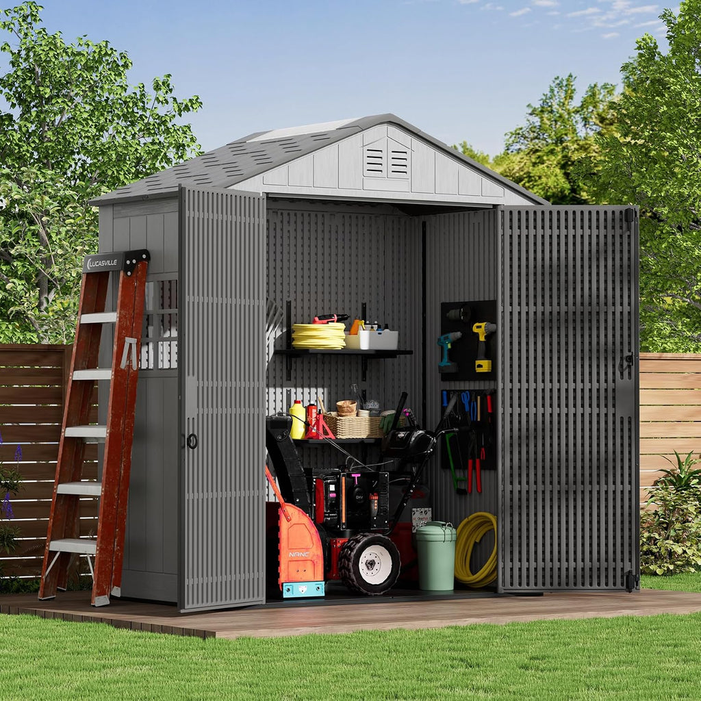 ZZM Outdoor Storage Shed 6x4 Ft, All-Weather Resistant Resin Garden Sheds & Outdoor Storage Clearance with Floor and Windows, Double-Layer Plastic Tool Shed for Backyard, Patio & Lawn (Gray)