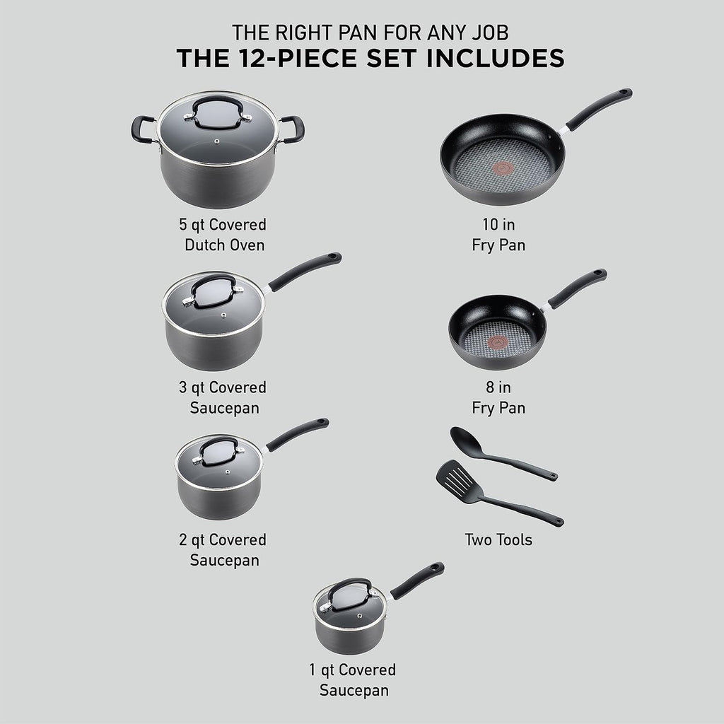 T-fal Ultimate Hard Anodized Nonstick Cookware Set 12 Piece, Oven Broiler Safe 400F, Lid Safe 350F, Kitchen Cooking Set w/Fry Pans, Saucepans, Dutch Oven, Pots and Pans, Dishwasher Safe, Onyx