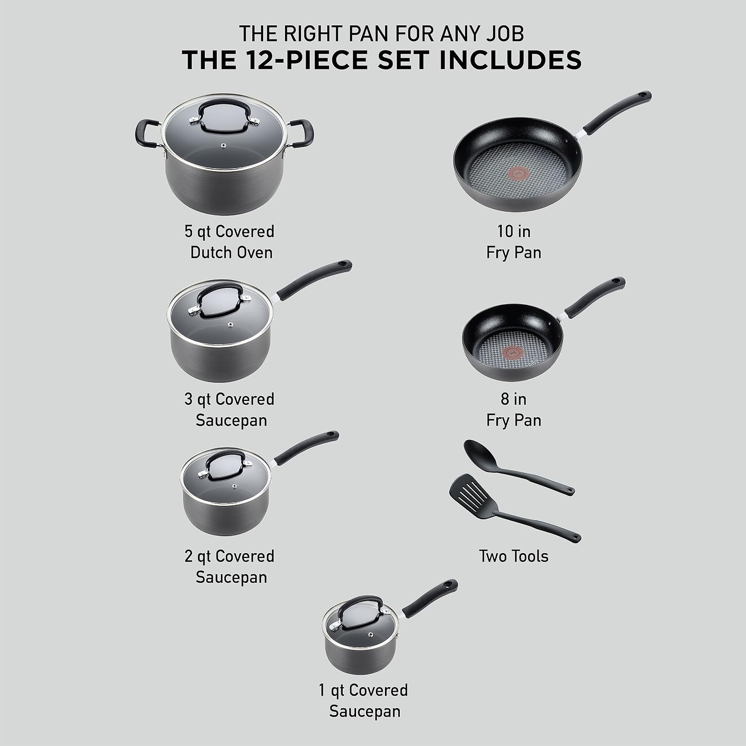 T-fal Ultimate Hard Anodized Nonstick Cookware Set 12 Piece, Oven Broiler Safe 400F, Lid Safe 350F, Kitchen Cooking Set w/Fry Pans, Saucepans, Dutch Oven, Pots and Pans, Dishwasher Safe, Onyx