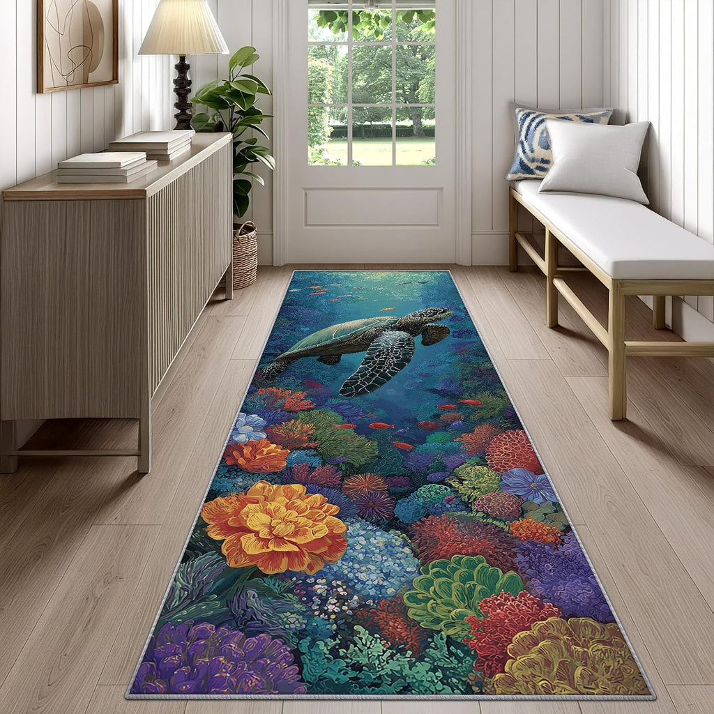 Sea Turtle Rug Runner 4x8 - Washable Non Slip Runner Rug for Hallway - Fish Coral Underwater Kitchen Rugs - Coastal Ocean Animal Carpet Runners for Hallway, Laundry Room, Bedroom, Bathroom