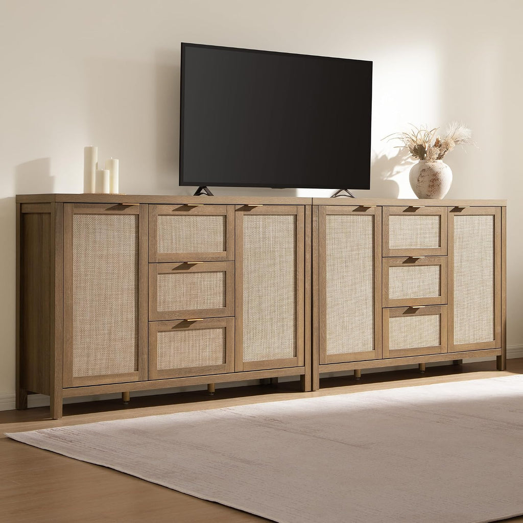 SICOTAS Rattan Large Sideboard Buffet Cabinet with Storage - Farmhouse Boho Coffee Bar Storage Cabinet with 3 Drawers and 2 Doors, Tall Credenza for Living Room, Kitchen, Caramel Oak (2 Pieces)
