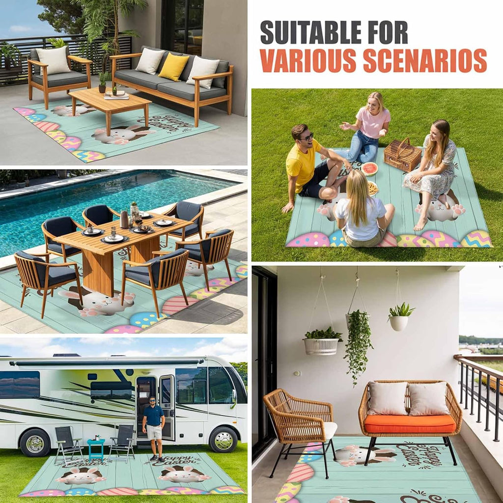 Green Easter Outdoor Rug for Patio/Deck/Porch, Non-Slip Large Area Rug 6 x 9 Ft, Spring Cartoon Bunny Colorful Eggs Wood Grain Indoor Outdoor Rugs Washable Area Rugs, Camping Rug Carpet Runner