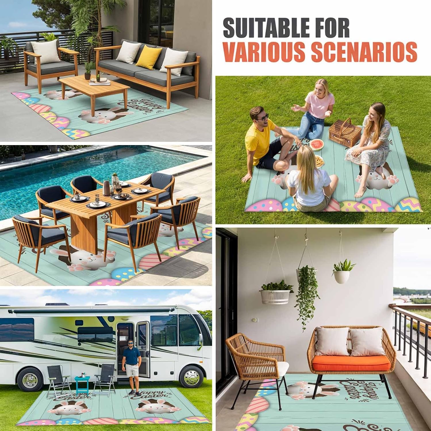 Green Easter Outdoor Rug for Patio/Deck/Porch, Non-Slip Large Area Rug 6 x 9 Ft, Spring Cartoon Bunny Colorful Eggs Wood Grain Indoor Outdoor Rugs Washable Area Rugs, Camping Rug Carpet Runner