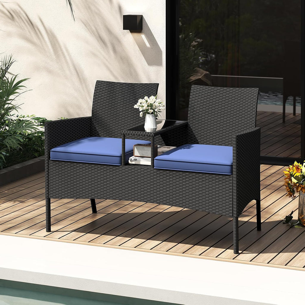 Tangkula Patio Loveseat with Built-in Table, Wicker 2-Seat Furniture with Soft Cushions & Tempered Glass Tabletop, Metal Frame Outdoor Conversation Seating Bench for Backyard, Porch
