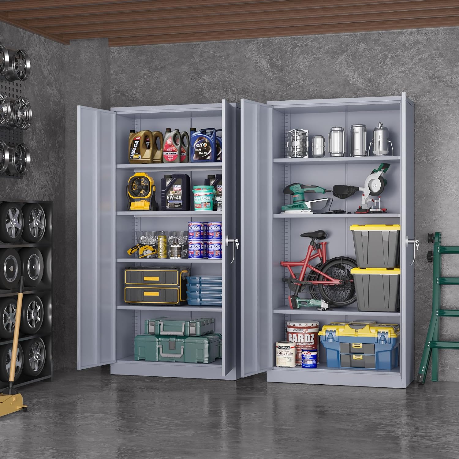 Greenvelly Metal Storage Cabinet with Doors, 72' Lockable Steel Garage Storage Cabinet with Shelves, Dark Grey 36' W x 18' D
