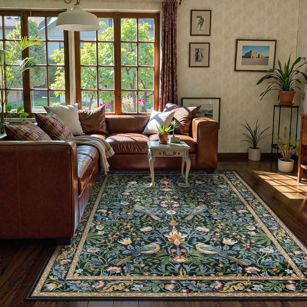Morebes Boho Living Room Rug 8x10, Washable Kids Playroom Area Rug Non Slip, Soft Large Botanical Flower Indoor Floor Throw Carpet for Bedroom Nursery Dining Room, Navy Blue