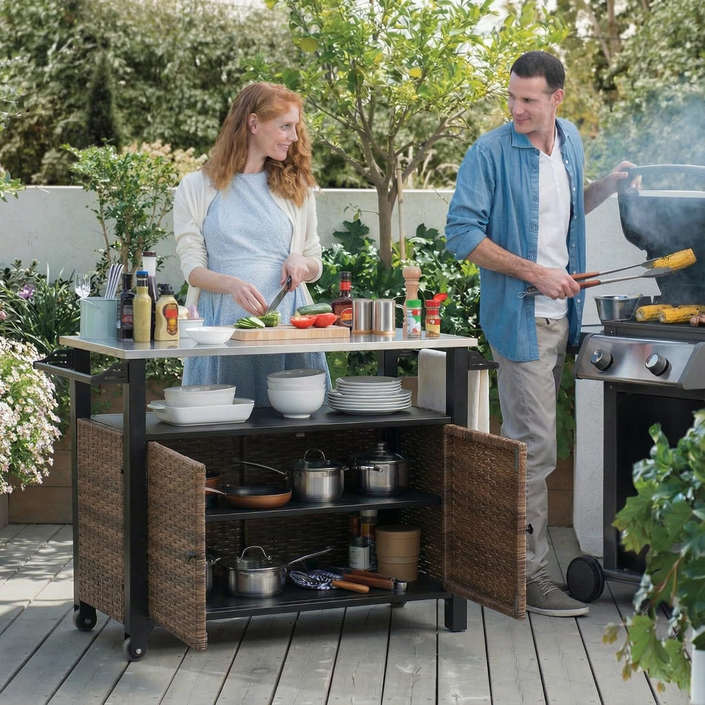 47.2' Grill Cart Outdoor with Wheels, Outdoor Prep Table with Wicker Storage and Rolling Wheels, Kitchen Island Serving Cart with Stainless Steel Table Top for BBQ, Porch, Patio, Brown
