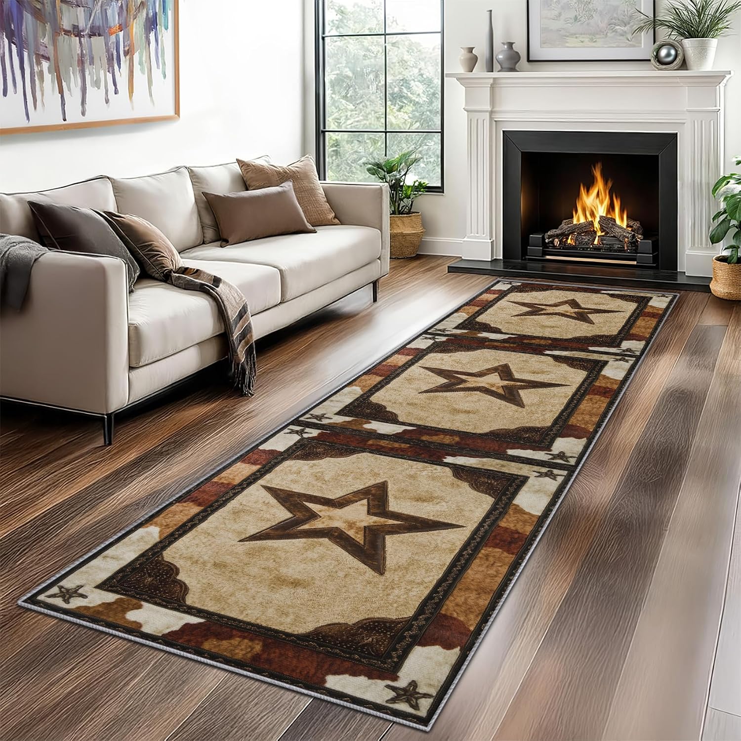 Texas Star Runner Rug for Hallway - 3x12 Washable Rug Runner Non Slip - Western Cowboy Kitchen Rugs - Rustic Farmhouse Cowhide Carpet Runners for Hallway, Laundry Room, Bedroom, Bathroom