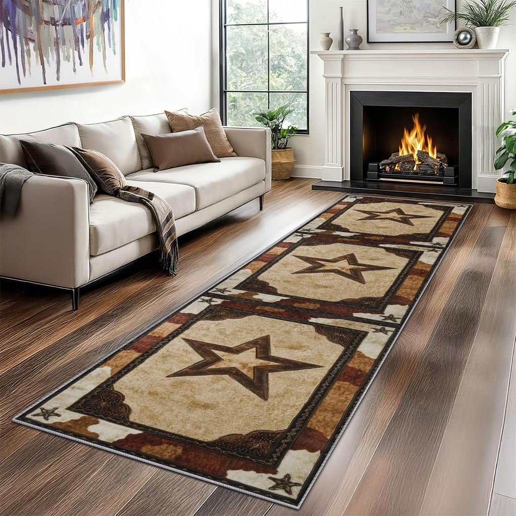 Texas Star Runner Rug for Hallway - 4x10 Washable Rug Runner Non Slip - Western Cowboy Kitchen Rugs - Rustic Farmhouse Cowhide Carpet Runners for Hallway, Laundry Room, Bedroom, Bathroom