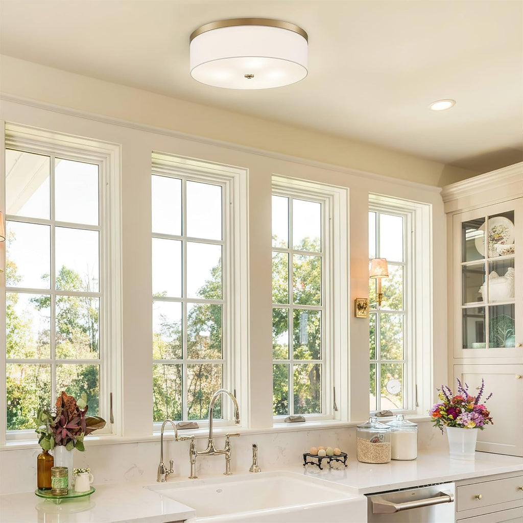 Kira Home Walker 20' Modern Drum Gold Flush Mount Ceiling Light, White Fabric Shade with Frosted Glass Diffuser, 3-Light Large Close to Ceiling Fixture, Cool Brass Finish