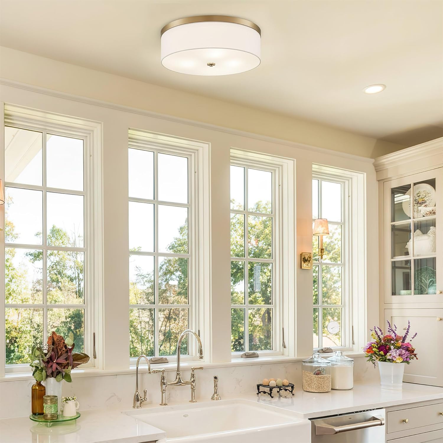 Kira Home Walker 20' Modern Drum Gold Flush Mount Ceiling Light, White Fabric Shade with Frosted Glass Diffuser, 3-Light Large Close to Ceiling Fixture, Cool Brass Finish