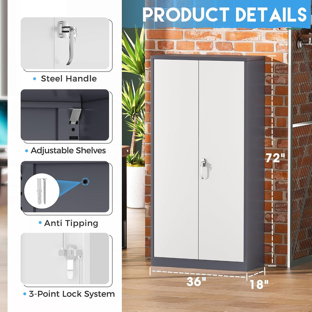 Greenvelly Metal Garage Storage Cabinet, Locking Steel Cabinet with 2 Doors and 4 Adjustable Shelves, Metal Tool Cabinets, Lockable File Cabinet for Home Office, Garage, School (Gray White)