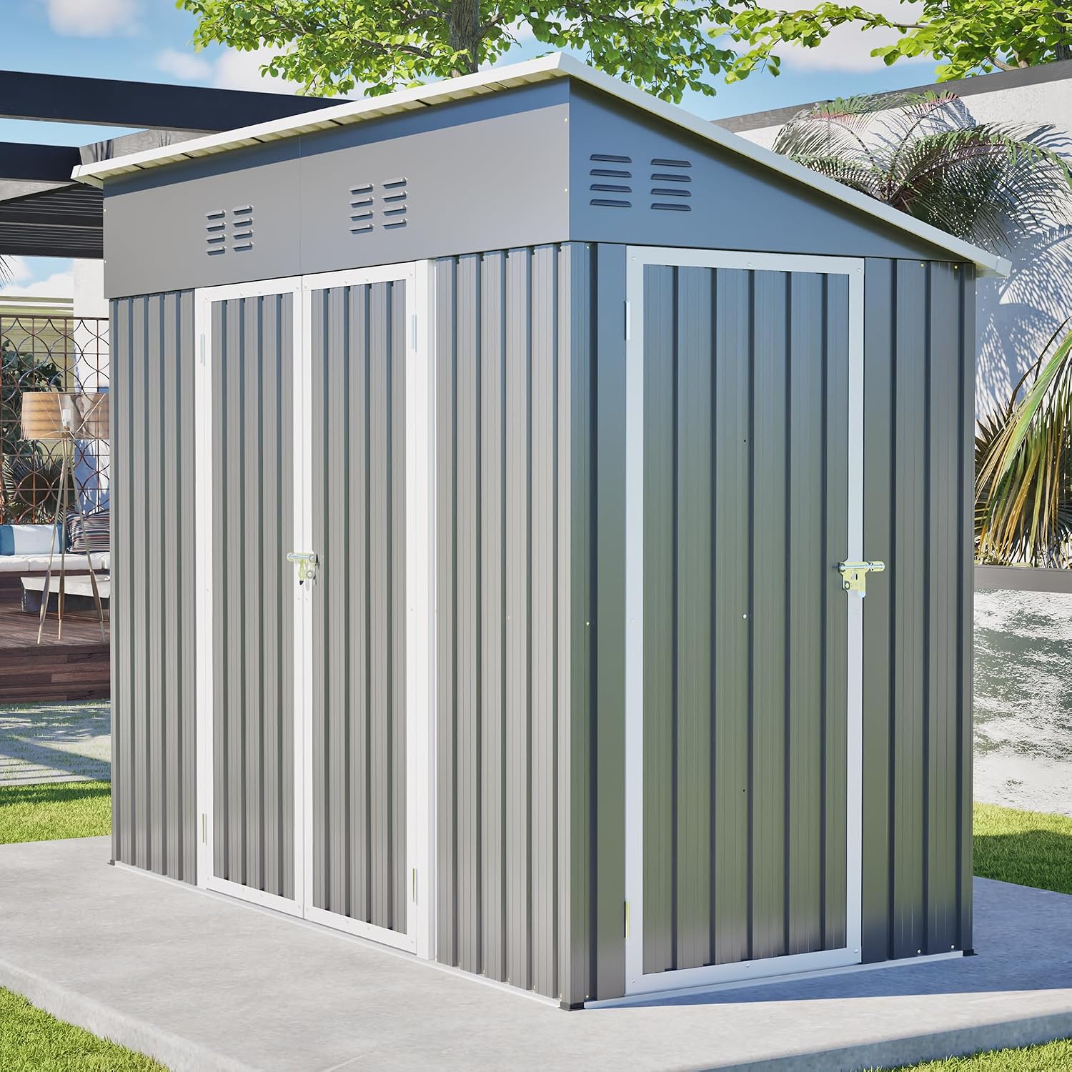 YOPTO 4x8 FT Outdoor Storage Shed,Slope Roof Storage Metal Garden Shed Steel with Reinforced Beams,All Weather Waterproof Garden Tool House W/Lockable Door & 4 Air Vents,for Backyard,Patio,Lawn,Grey